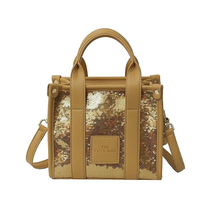 Women's Sequin Tote Handbag PU Leather Crossbody Shoulder Bag Glitter Top Handle Gold