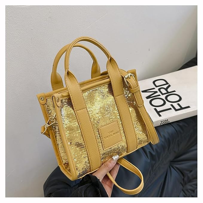 Women's Sequin Tote Handbag PU Leather Crossbody Shoulder Bag Glitter Top Handle Gold