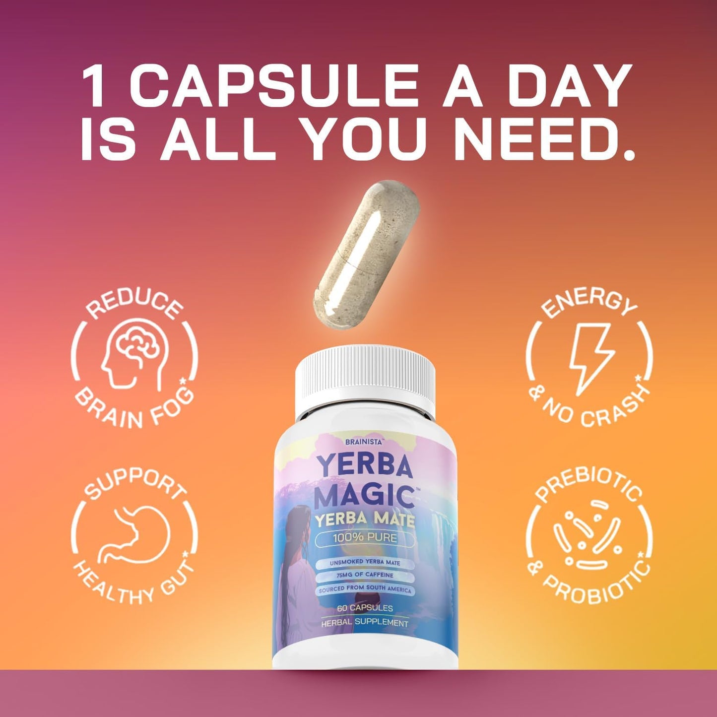 Brainista Yerba Magic 100% Pure Yerba Mate Capsules 60 Count – 75mg Natural Caffeine