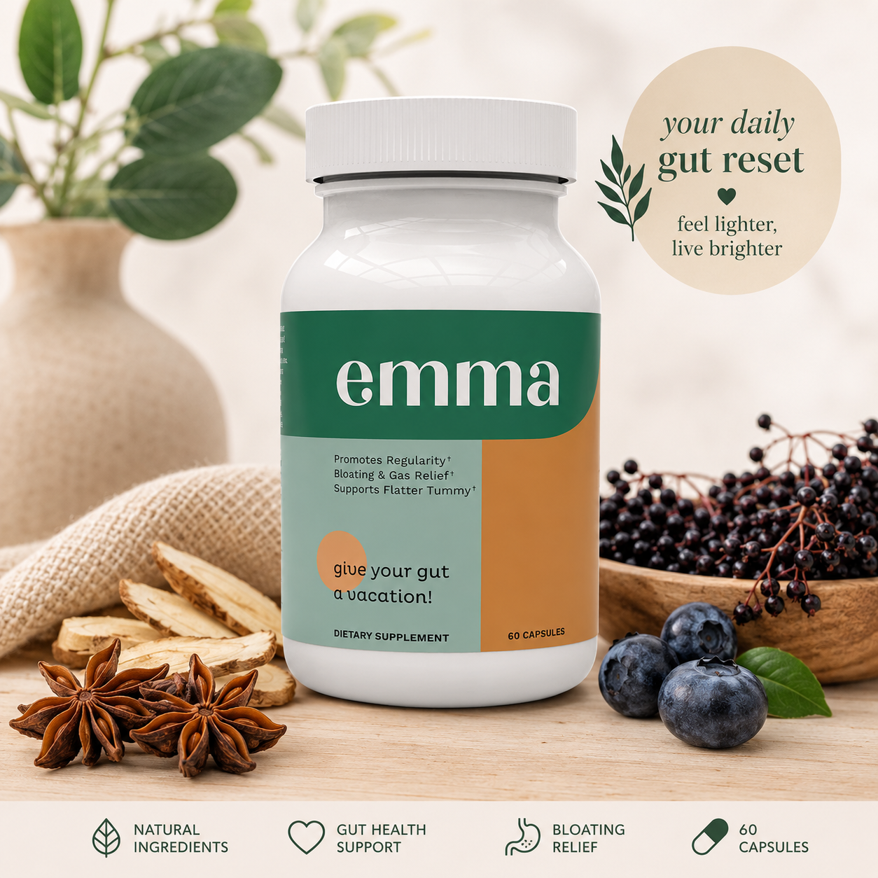 Emma Gut Health Supplement – Digestive Support Capsules | Promotes Regularity, Bloating & Gas Relief | Plant-Based | Non-GMO | Gluten Free | 60 Capsules