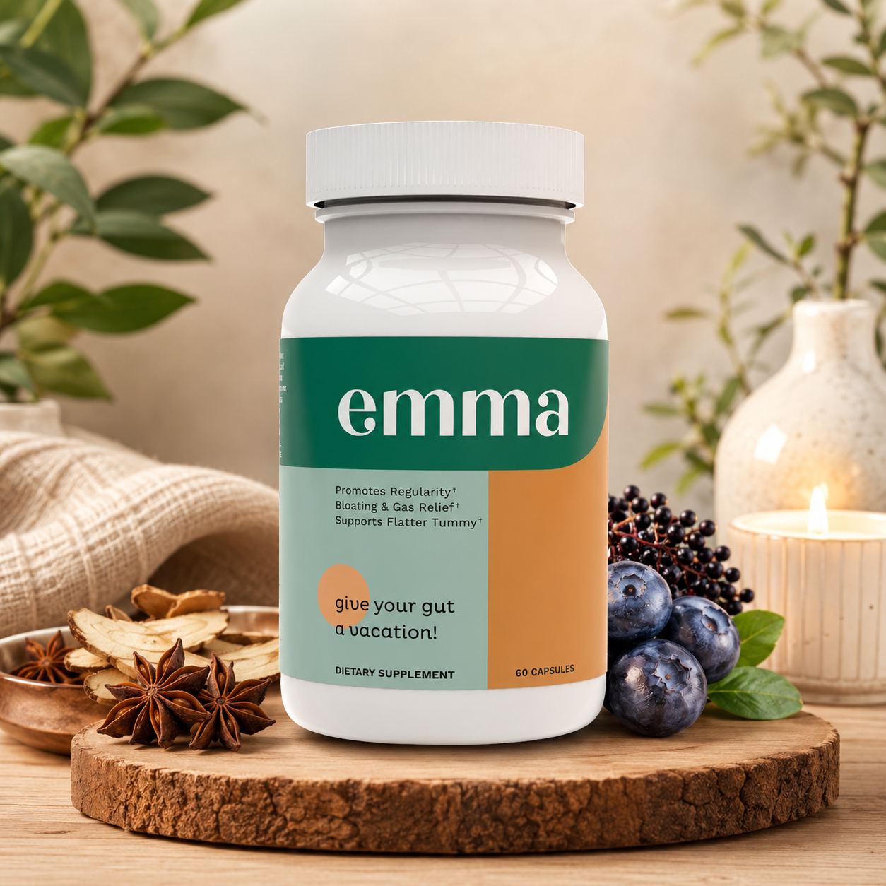 Emma Gut Health Supplement – Digestive Support Capsules | Promotes Regularity, Bloating & Gas Relief | Plant-Based | Non-GMO | Gluten Free | 60 Capsules