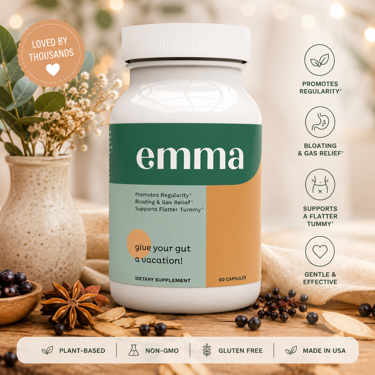 Emma Gut Health Supplement – Digestive Support Capsules | Promotes Regularity, Bloating & Gas Relief | Plant-Based | Non-GMO | Gluten Free | 60 Capsules