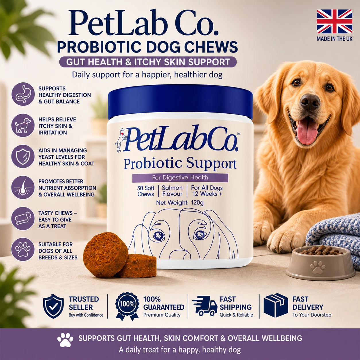 PetLab Co. Probiotic Support Soft Chews for Dogs | Digestive & Gut Health Supplement | Salmon Flavour | 30 Soft Chews | 120g