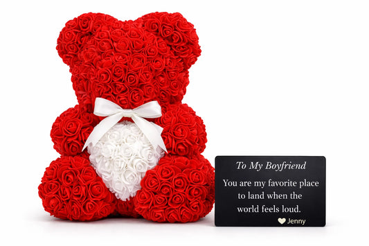 Rose Bear with White Heart & Gift Card – Artificial Foam Rose Teddy Bear Gift for Boyfriend, Girlfriend, Anniversary, Valentine's Day
