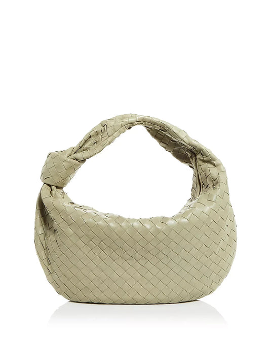 Woven PU Leather Hobo Shoulder Bag Women's Large Soft Handbag Knotted Handle Beige