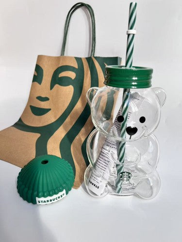 Starbucks Bear Glass Tumbler with Straw & Green Lid | Reusable Cold Drink Cup